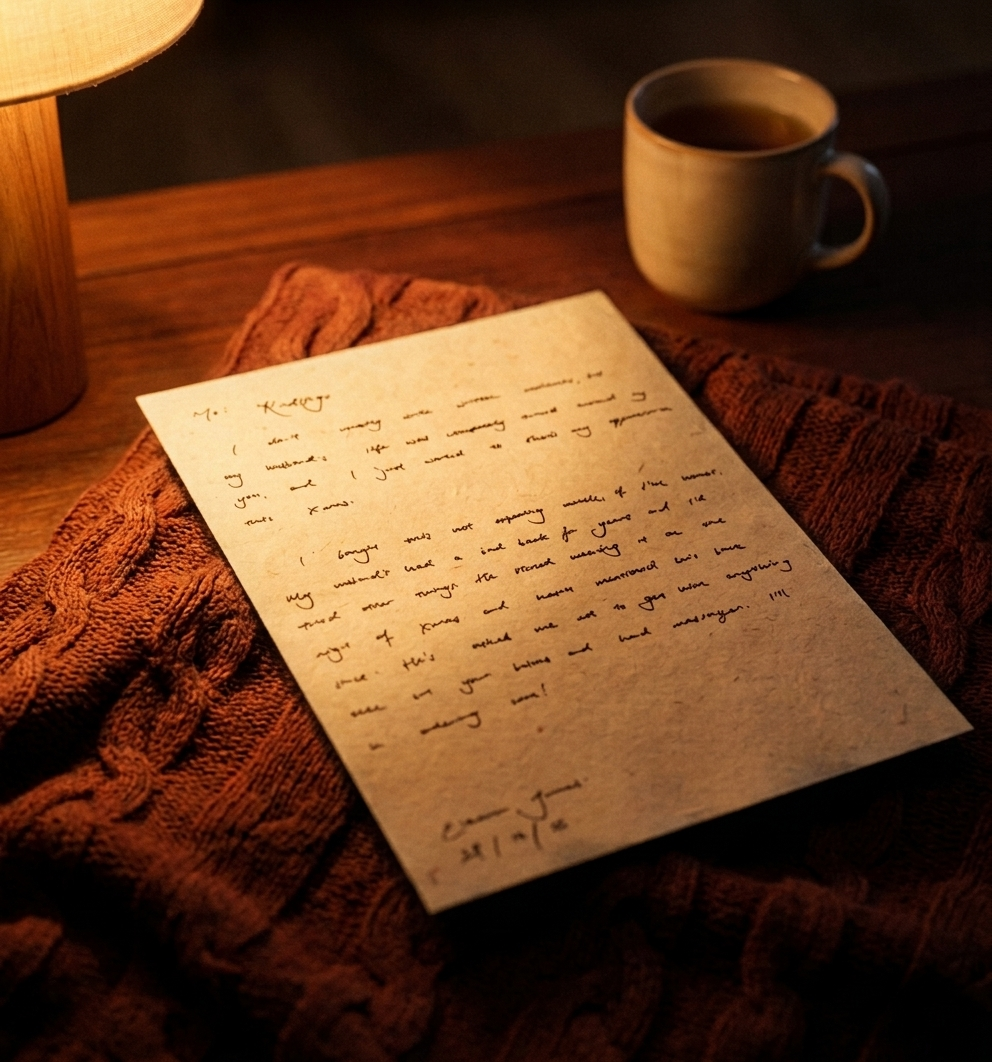 A handwritten note on linen card